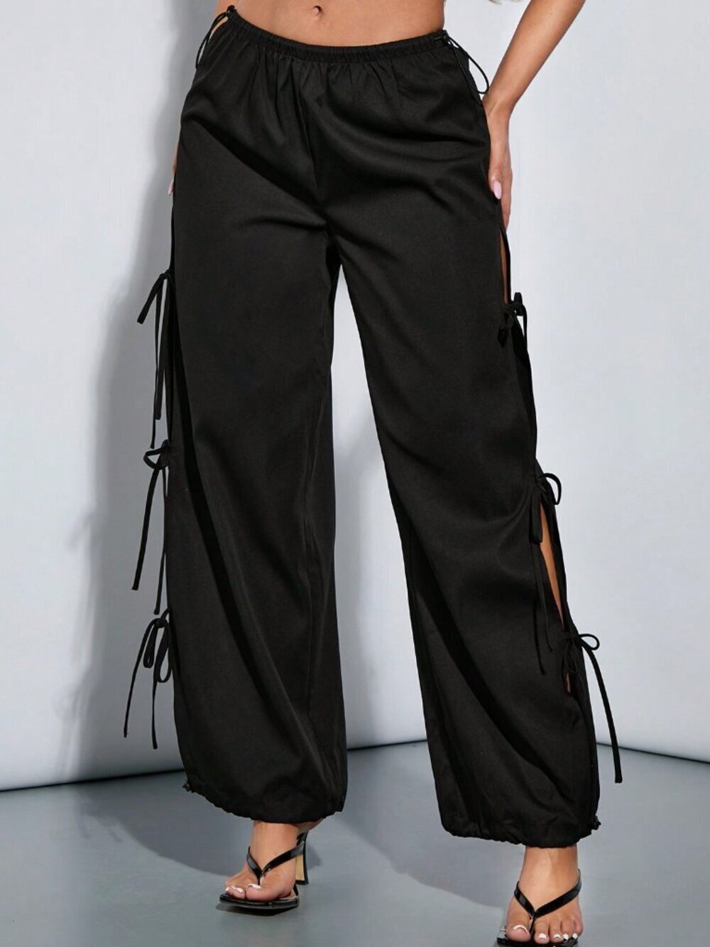 Black Casual Women's Jogger Pants with Side Slit and Adjustable Drawstring - Picture 5 of 6